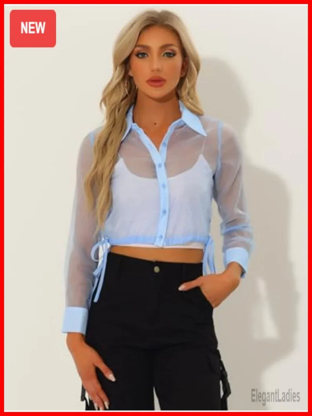 Sheer Long Sleeve Crop Jacket Button Down Drawstring Hem Mesh